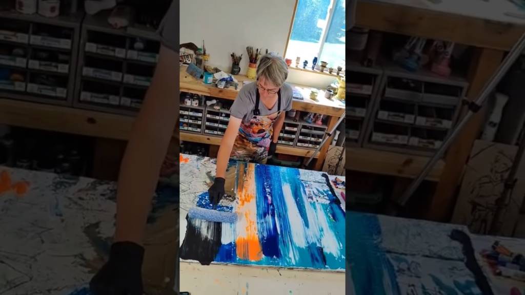 Wischmopp Malerei Zu viel Farbe Neon Orange Reflex Acryl Amsterdam Moderne Kunst Zeitgenössisch Maximalist