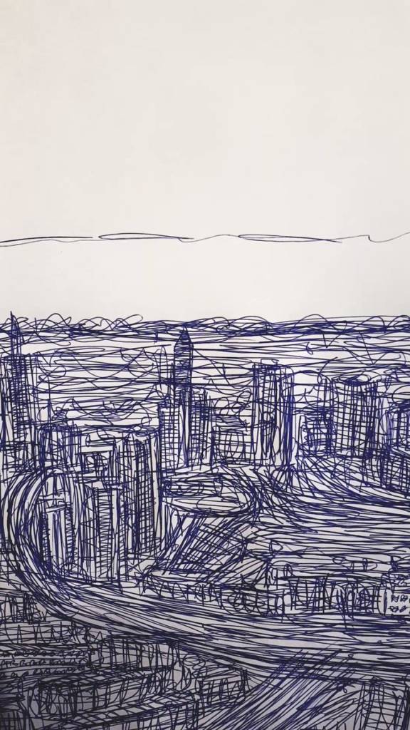 'Dazzling Dubai', 2023. Pen on paper, 59