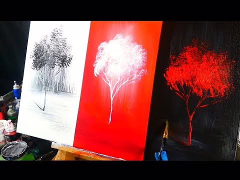 3 color channels landscape abstract painting techniques, painting black, red, and white trees