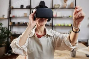 Woman using VR in art studio