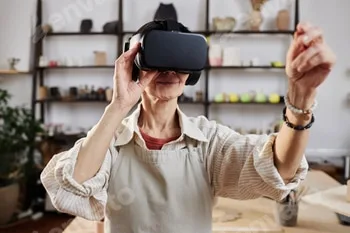Woman using VR in art studio