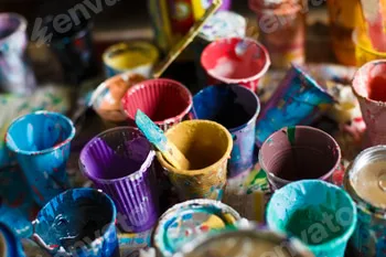 multicolored cans with paint, arts background