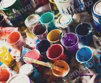multicolored cans with paint, arts background