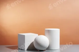 White geometric shapes arranged stylishly on a soft peach background in a minimalist setting