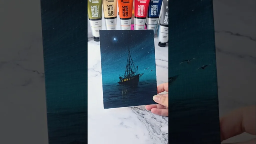 Night sky seascape / acrylic painting on 5x7" canvas board