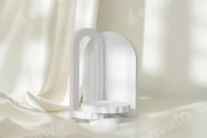 Modern Minimalist White Sculpture Displayed on Soft Draped Fabric in Natural Light