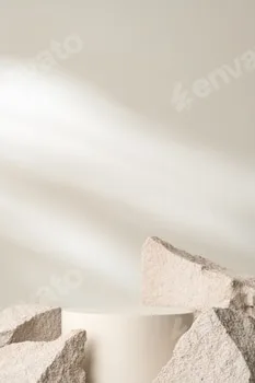 A minimalistic display featuring a smooth white cylinder surrounded by rough gray stone fragments 28 A minimalistic display featuring a smooth white cylinder surrounded by rough gray stone fragments