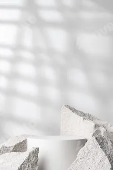 A minimalistic display featuring a smooth white cylinder surrounded by rough gray stone fragments 18 A minimalistic display featuring a smooth white cylinder surrounded by rough gray stone fragments