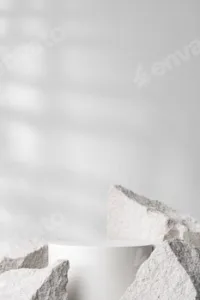 A minimalistic display featuring a smooth white cylinder surrounded by rough gray stone fragments