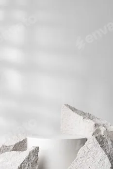 A minimalistic display featuring a smooth white cylinder surrounded by rough gray stone fragments 8 A minimalistic display featuring a smooth white cylinder surrounded by rough gray stone fragments