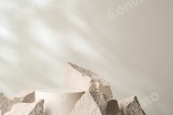 A minimalistic display featuring a smooth white cylinder surrounded by rough gray stone fragments 54 A minimalistic display featuring a smooth white cylinder surrounded by rough gray stone fragments