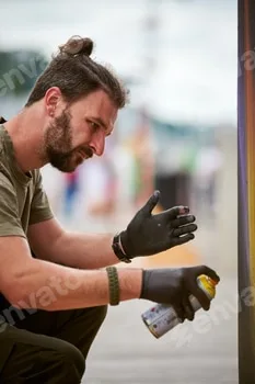 Attractive male artist is painting picture with paint spray can spraying it onto canvas