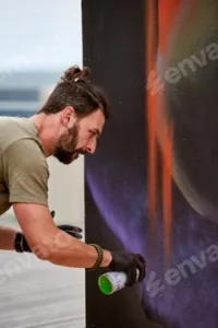 Attractive male artist is painting picture with paint spray can spraying it onto canvas