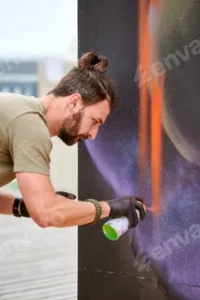Attractive male artist is painting picture with paint spray can spraying it onto canvas