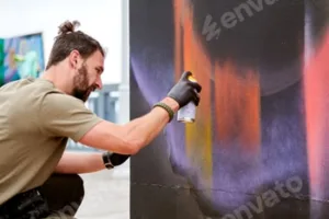 Attractive male artist is painting picture with paint spray can spraying it onto canvas