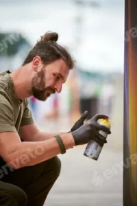 Attractive male artist is painting picture with paint spray can spraying it onto canvas