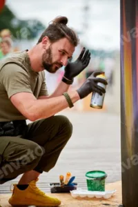 Attractive male artist is painting picture with paint spray can spraying it onto canvas