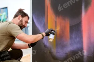 Attractive male artist is painting picture with paint spray can spraying it onto canvas