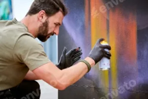 Attractive male artist is painting picture with paint spray can spraying it onto canvas