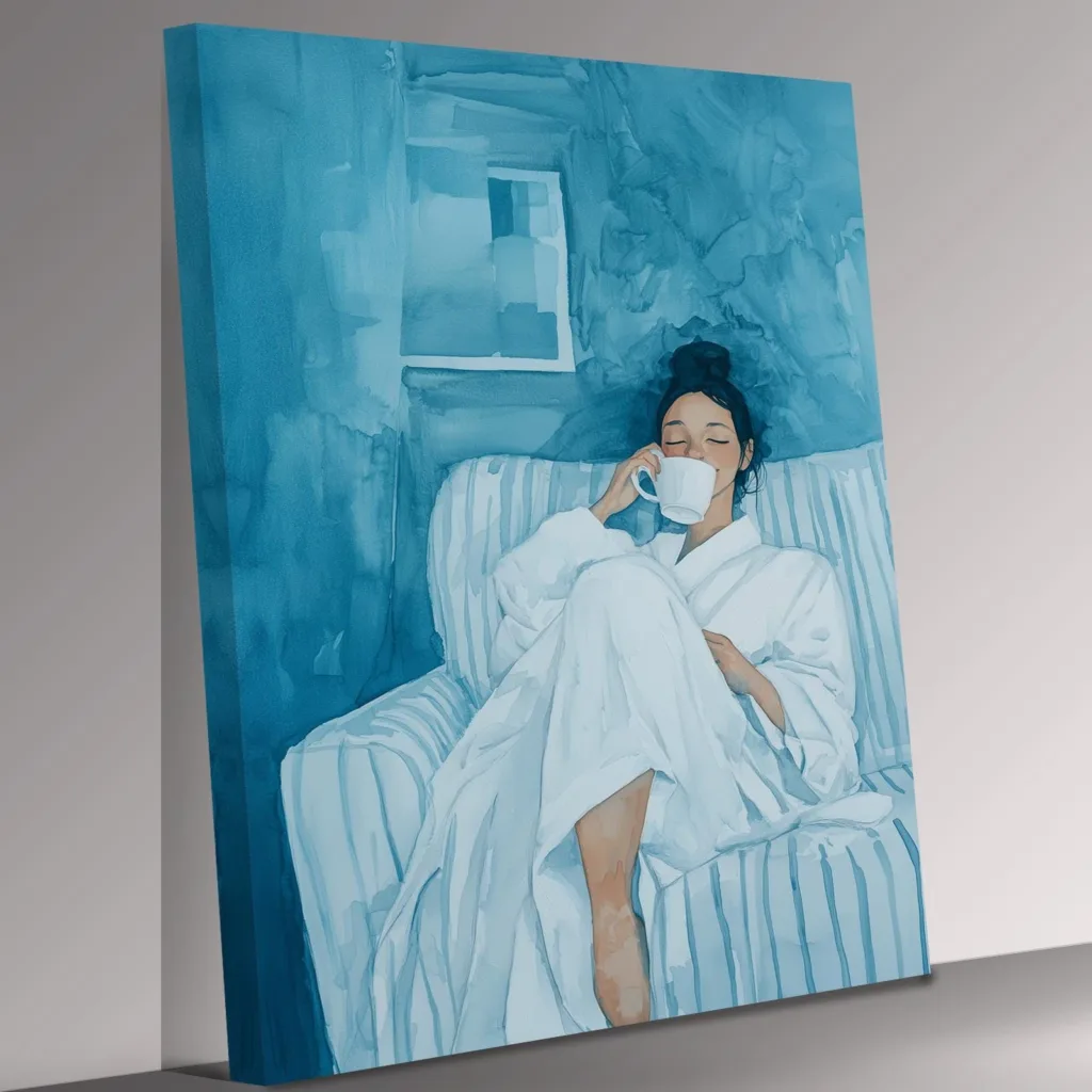 Kaffeeliebhaber Dame in Blau Leinwanddruck | Elegante Kaffee Kunst Wand Dekoration | Leinwand Wand Kunst Bild Print Fertig zum Aufhängen 57 1f0603526be42f91f6a75d89b469695a