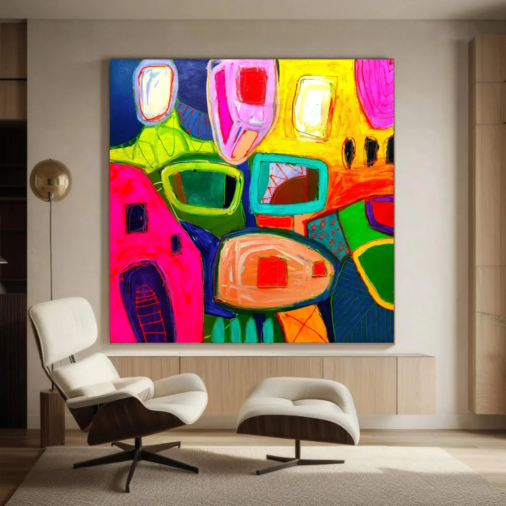 Helle abstrakte Malerei auf Leinwand, Lebendige und bunte, Funky mehrfarbige abstrakte Kunst, moderne Wandkunst, fertig zum Aufhängen 33 3a5e14d31d7c77d1523dabdd101e3e90