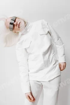 Futuristic fashion portrait with an avant garde white outfit, featuring a model with sleek hair and 5 Futuristic fashion portrait with an avant garde white outfit, featuring a model with sleek hair and