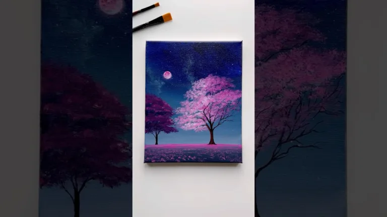 Magenta Dreams Acrylic Nightscape 🌌🌸#artworks #acrylicpainting #trees