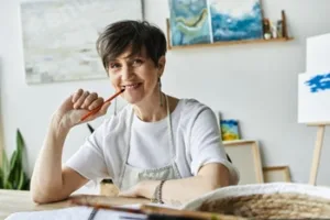 Mature woman artist creating in her serene art studio during a creative afternoon