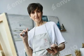Mature woman creating art in her studio surrounded by vibrant canvases 44 Mature woman creating art in her studio surrounded by vibrant canvases