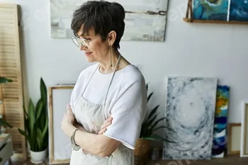 Mature woman in her art studio reflects on her latest painting creation