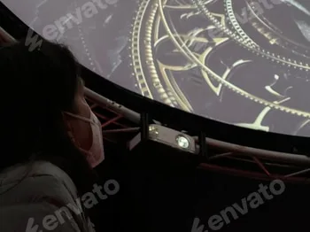 looking up at a video projection of clock parts rotating in an immersive exhibit 2 looking up at a video projection of clock parts rotating in an immersive exhibit