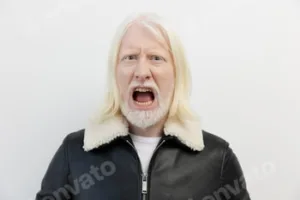 Angry man with long white hair and beard shouting, wearing a black leather jacket with fur collar