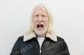 Angry man with long white hair and beard shouting, wearing a black leather jacket with fur collar 1 Angry man with long white hair and beard shouting, wearing a black leather jacket with fur collar