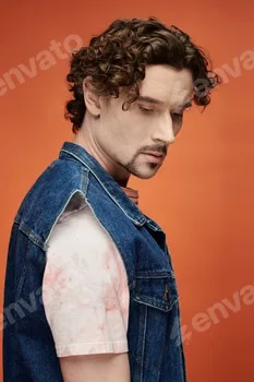 Emotional Man Posing Against Vibrant Orange Backdrop in Artistic Studio Setting