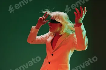 Stylish performer with long white hair, wearing a blindfold, posing dramatically in an artistic 8 Stylish performer with long white hair, wearing a blindfold, posing dramatically in an artistic