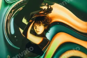 Woman on background of projection of lines.