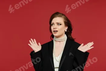 Young woman in elegant attire expresses emotions against a vibrant red backdrop 3 Young woman in elegant attire expresses emotions against a vibrant red backdrop