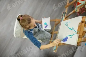 Concentrated Child Painting on Easel. Top view.