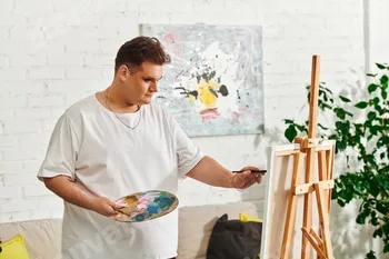 A queer artist passionately creating a unique masterpiece in a bright studio space