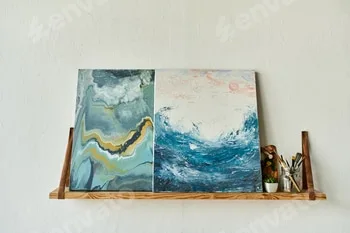 Mature woman creating beautiful ocean-inspired paintings in her art studio 1 Mature woman creating beautiful ocean-inspired paintings in her art studio