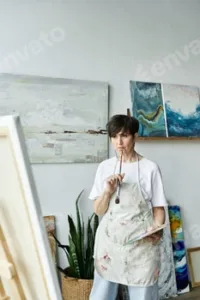 Mature woman immersed in creativity at her art studio during a moment of inspiration