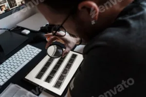 Photographer examining negatives with magnifying glass