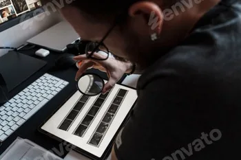 Photographer examining negatives with magnifying glass 20 Photographer examining negatives with magnifying glass