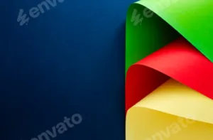 Vibrant red, yellow and green aper shapes contrasted against a blue background.