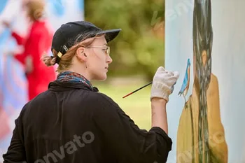Young woman engaged in en plein air painting on sunny day