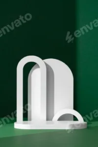 Modern White Architectural Shapes Against A Deep Green Background Displayed On A Simple Table