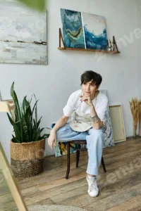 A mature woman reflects in her bright art studio while painting creatively