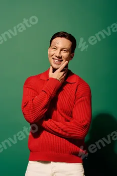 A young man with tattoos smiles confidently against a vibrant green backdrop during a photoshoot