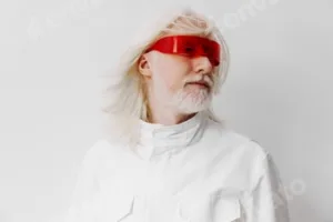 Futuristic fashion portrait of a man with long white hair wearing stylish red sunglasses and a white