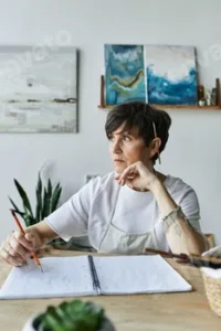Mature woman artist reflecting in her art studio with sketches and hues around her